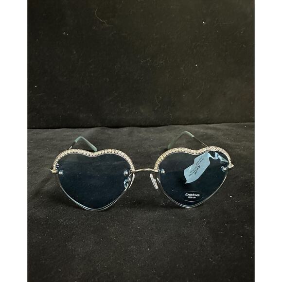Bebe Heart-Shaped Sunglasses–SilverTone w Rhinestone Trim n Blue Lenses-(NWT) main image 4